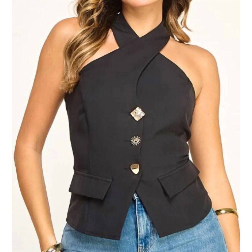 NEW MILK & HONEY lina button detail criss-cross halter top in black